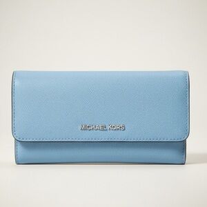 Michael Kors Baby Blue Saffiano Leather Tri-Fold Wallet with silver hardware EUC